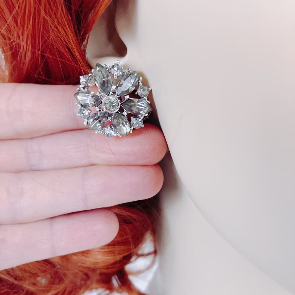 Signed Weiss Rhinestone Brooch Earring Matching Parure Set 50s Silver Tone READ - Picture 5 of 11